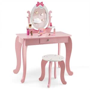 Kid Vanity Table Stool Set with Adjustable Mirror Storage Drawer Makeup Pink