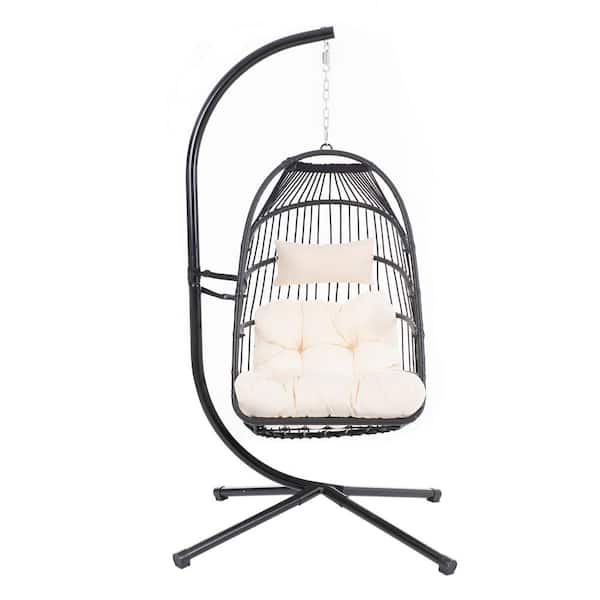 Unbranded Black Wicker Foldable Patio Swing with Stand and Beige Cushion