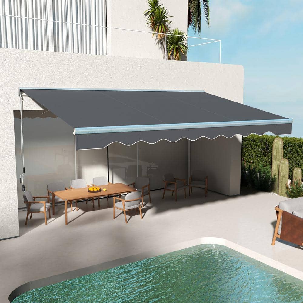 Dark Gray Polyester Electric Retractable Patio Awning with LED Lights