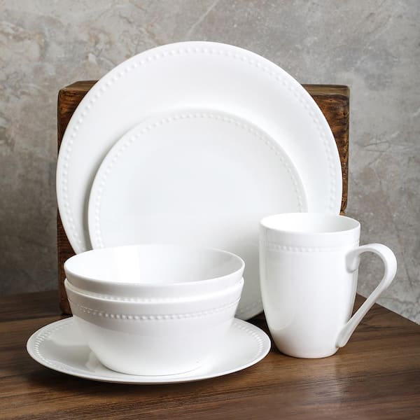 Bone China Dinnerware 16pc Set Service for 4 Double Gold Rim White Microwave Safe Elegant Giftware Dish Set Essential Home Everyday Living Display