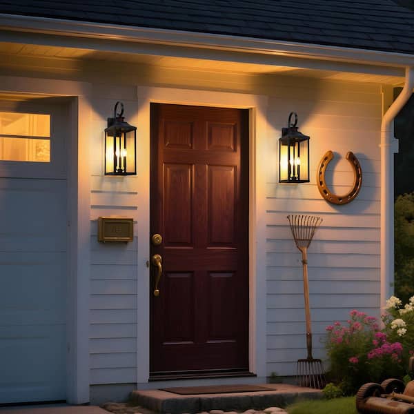 24.3 in. 3-Light Black Motion Sensing Dusk to Dawn Large Outdoor Wall Lantern Scone Light with Clear Glass