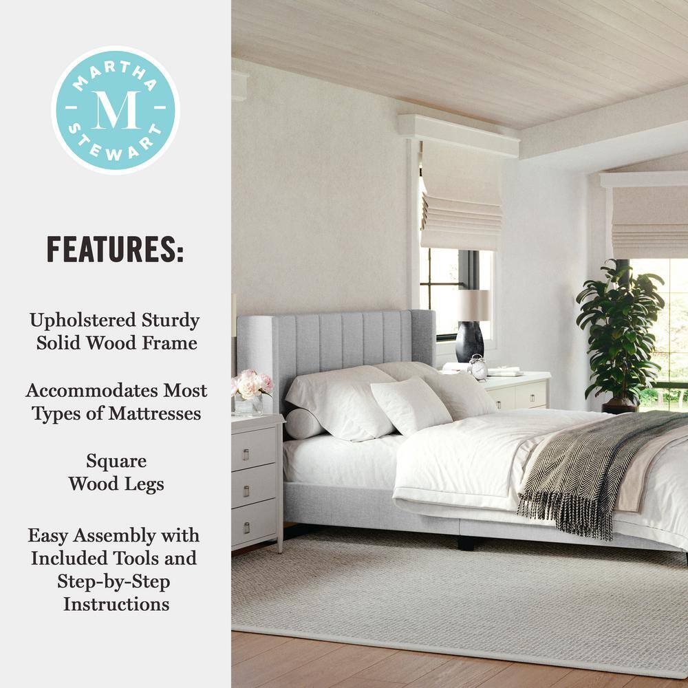 Gray Queen Upholstered Platform Bed with Linen Wingback Headboard