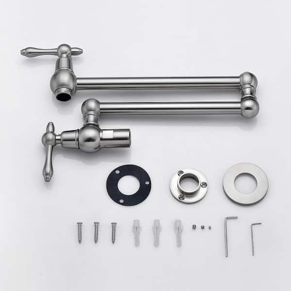 Two Handles Wall Mounted Pot Filler Kitchen Sink Faucet Folding Stretchable in Brushed Nickel Brass