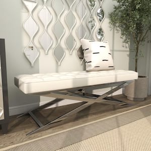 White Dining Bench with Stainless Steel Supports 19 in. x 60 in. x 19 in.