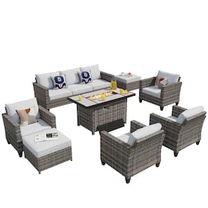 Milan Gray 8-Piece Wicker Outdoor Patio Rectangular Fire Pit Seating Sofa Set and with Gray Cushions