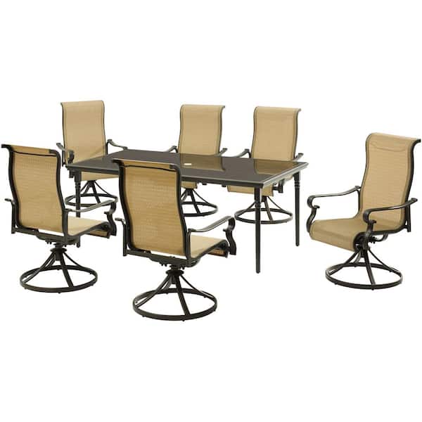 Hanover Brigantine 7-Piece Aluminum Outdoor Dining Set with a 40 in. x 70 in. Glass-Top Table and 6-Sling Swivel Rockers