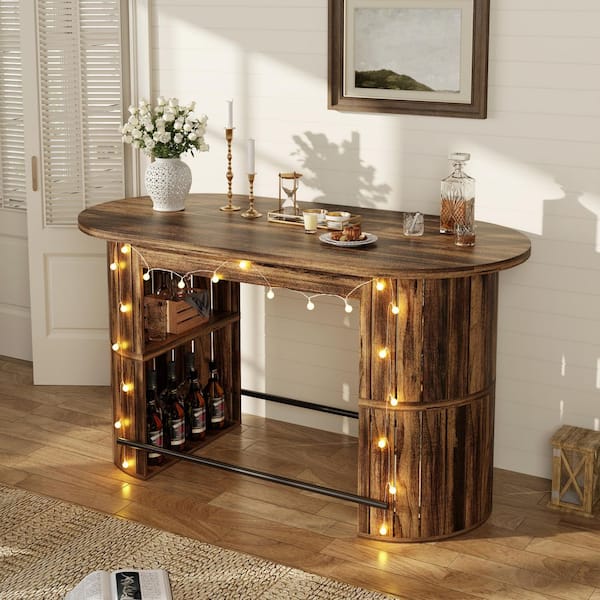 Light Brown 70.9 in. W Home Wood Bar Cabinet with String Lights, Open Storage Shelves and Metal Footrest