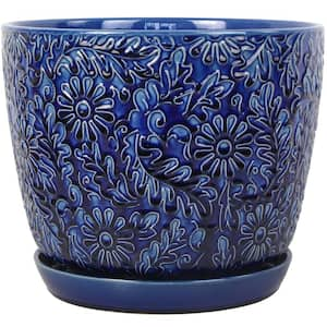 12 in. Lillian Blue Floral Decor Glazed Ceramic Planter (12 in. D x 10.2 in. H) with Drainage Hole and Attached Saucer