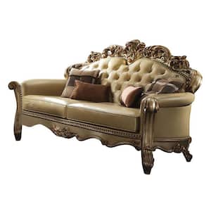 Dresden 38 in. Bone PU and Gold Patina Faux Leather 2-Seats Loveseats with 3 Pillows