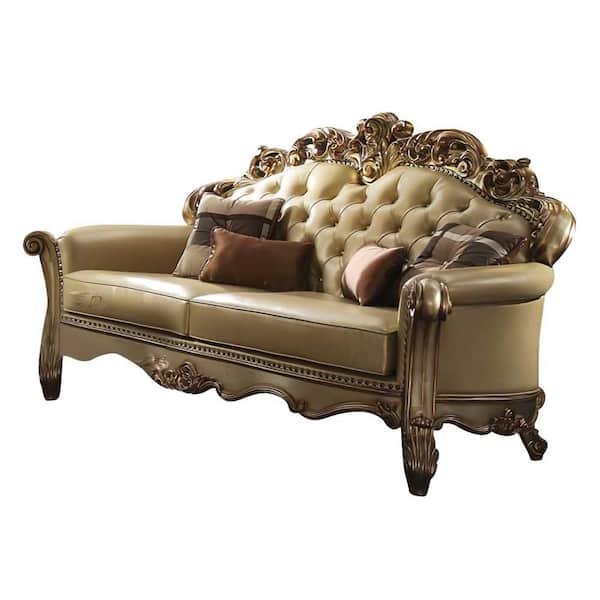 Acme Furniture Dresden 38 in. Bone PU and Gold Patina Faux Leather 2-Seats Loveseats with 3 Pillows