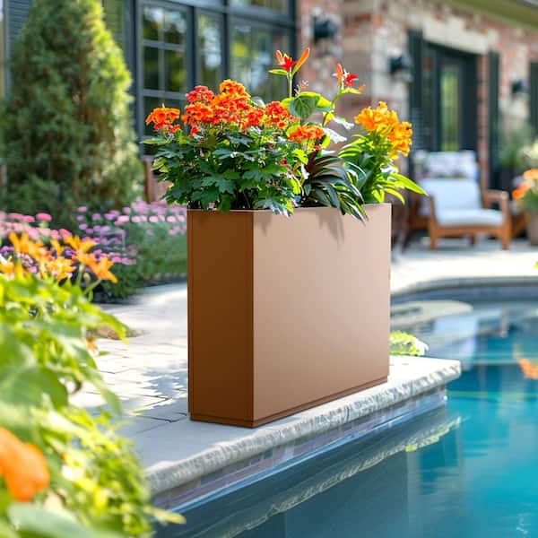 TUYOHW Large Brown Metal Planter Box 26 in. Rectangular Flower Pot 