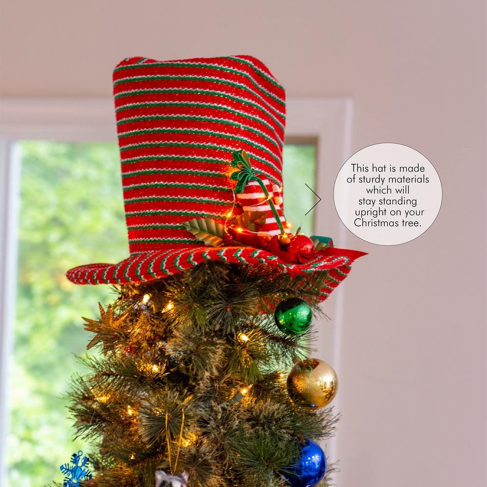 Red and Green Striped LED Snowman Hat Tree Topper