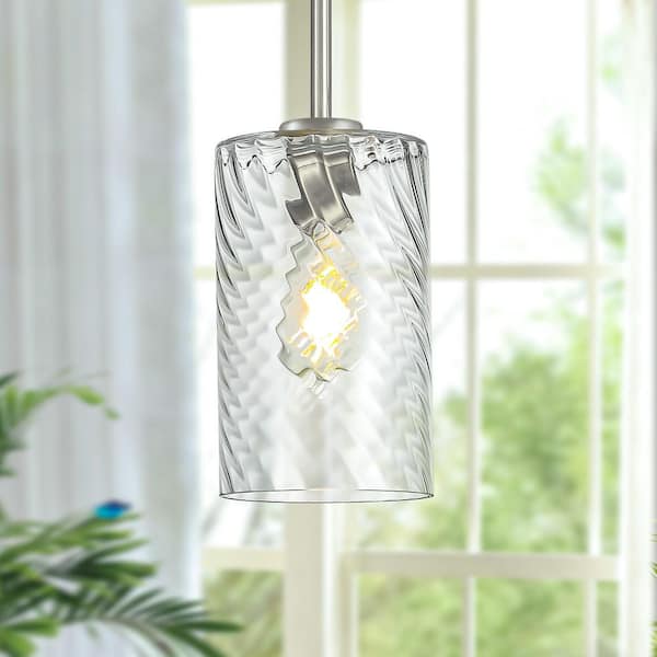 Rayhome 5.9in. 1-Light Brushed Nickel Vintage Pendant Hanging Light w/Hand-Blown Spiral Glass for Kitchen Island Bedroom
