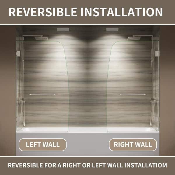 34 in. W x 58 in. H Pivot Frameless Tub Door in Brushed Nickel with 5/16 in. (8 mm) Tempered Clear Glass