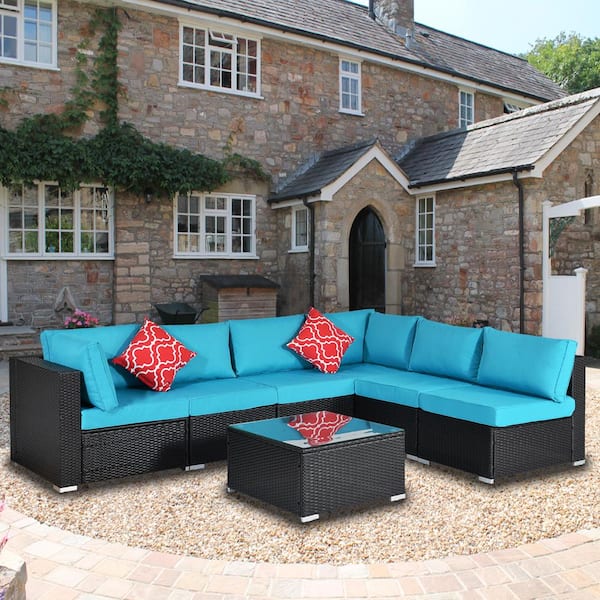 Wateday Black 7-Piece Wicker Outdoor Patio Conversation Set with Blue Cushions