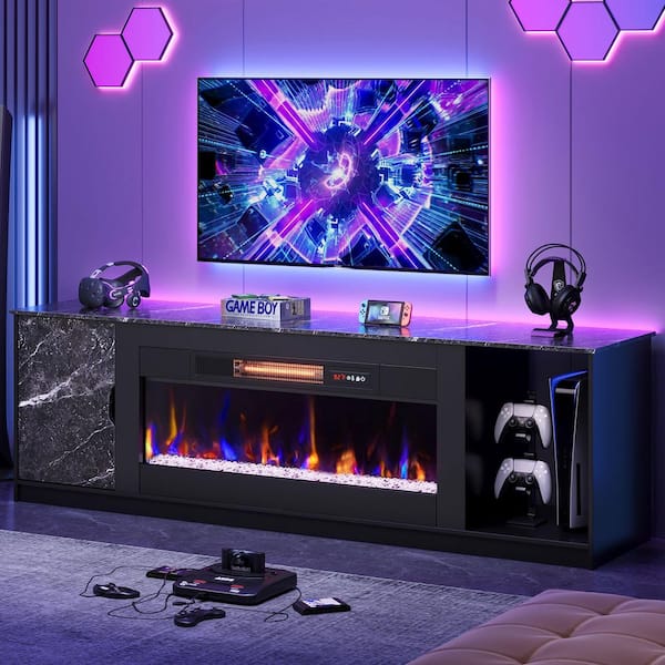 70 in. Freestanding Electric Fireplace TV Stand in Marble Black with Adjustable Shelves LED Entertainment Center