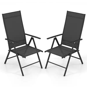 Adjustable Black Reclining Fabric and Metal Frame Outdoor Lounge Chair in Black Set of 2