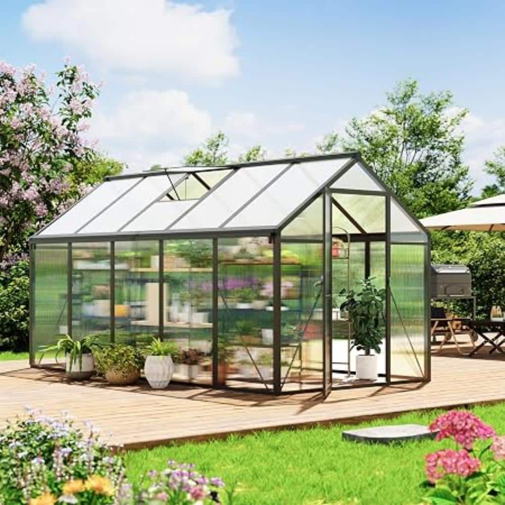 6x10 FT Heavy Duty Polycarbonate Greenhouse, Aluminum Frame Garden Kit with Lockable Door & Roof Vent, Gray price history on PriceWatchPro