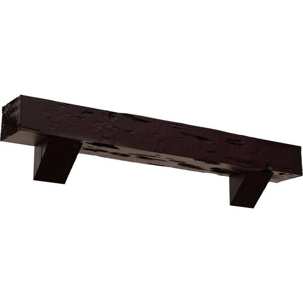 Ekena Millwork 6 in. x 6 in. x 5 ft. Pecky Cypress Faux Wood Fireplace Mantel Kit with Breckinridge Corbels, Premium Cherry