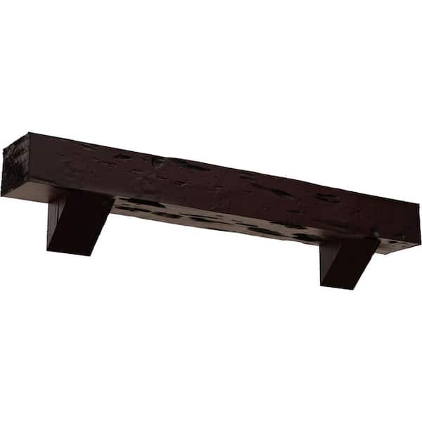 Ekena Millwork 6 in. x 10 in. x 5 ft. Pecky Cypress Faux Wood Fireplace Mantel Kit with Breckinridge Corbels, Premium Cherry