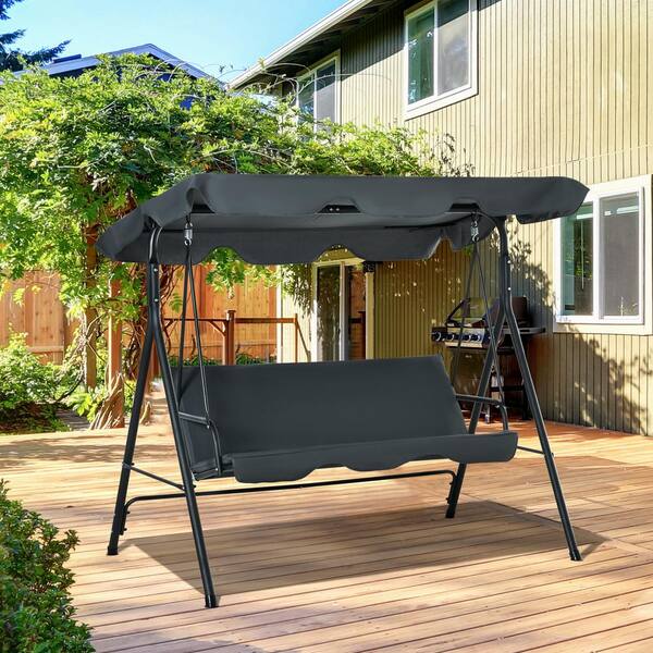 3Person Metal Outdoor Patio Swing with Dark Gray Removable Cushion and