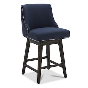 Martin 26 in. Insignia Blue High Back Solid Wood Frame Swivel Counter Height Bar Stool with Fabric Seat(Set of 2)