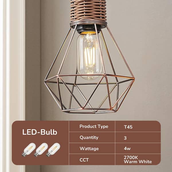 65 in. Red Bronze 3-Light LED Edison Bulbs Smart Dimmable Tripod Floor Lamp with Diamond-Shaped Cage