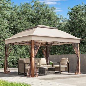 Beige Steel Portable Pop-Up Gazebo with Mosquito Netting 11 ft. x 11 ft.