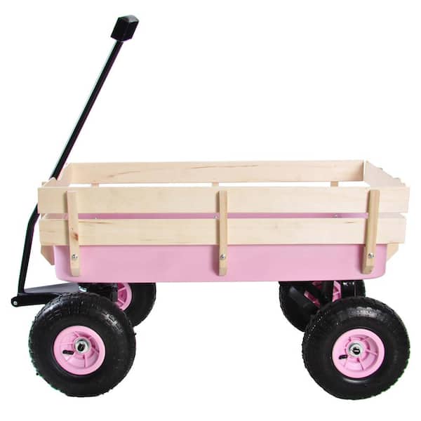All Terrain Outdoor Pull Wagon Cart with Solid Wood Railings & Inflatable Air Tires, Heavy-Duty Garden Utility Cart for