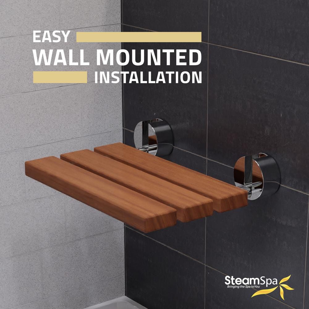 Natural Teak Wood Wall Mounted Folding Shower Bench with Polished Chrome Finish