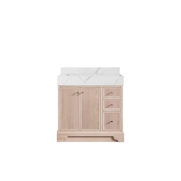 Willow Collections Manhattan Oak 36 in. W x 22 in. D x 36 in. H Left Offset Sink Bath Vanity in White Oak with 5 in. Calcutta Laza Qt. Top