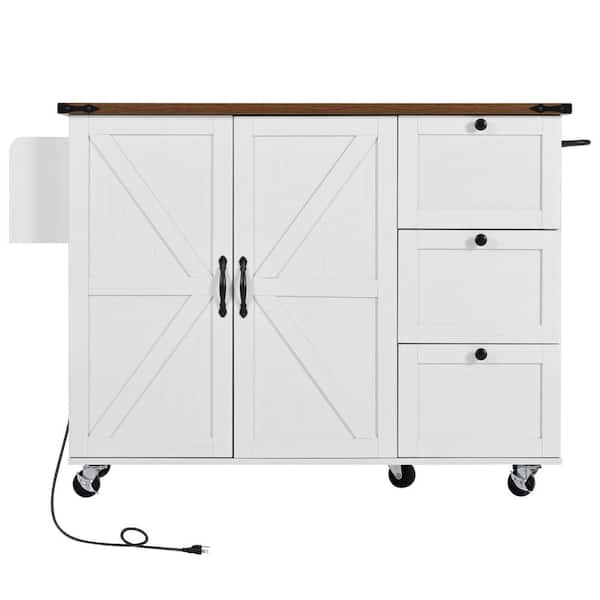 Oasis White Wood 54.5 in. Kitchen Island with Internal Storage Rack, Drop Leaf, Rolling Kitchen Cart on Wheel