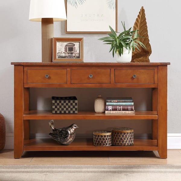 Retro and Modern Design 48 in. Brown Rectangle Solid Wood Console Table Sofa Table with 3 Drawers and 2 Open Shelves