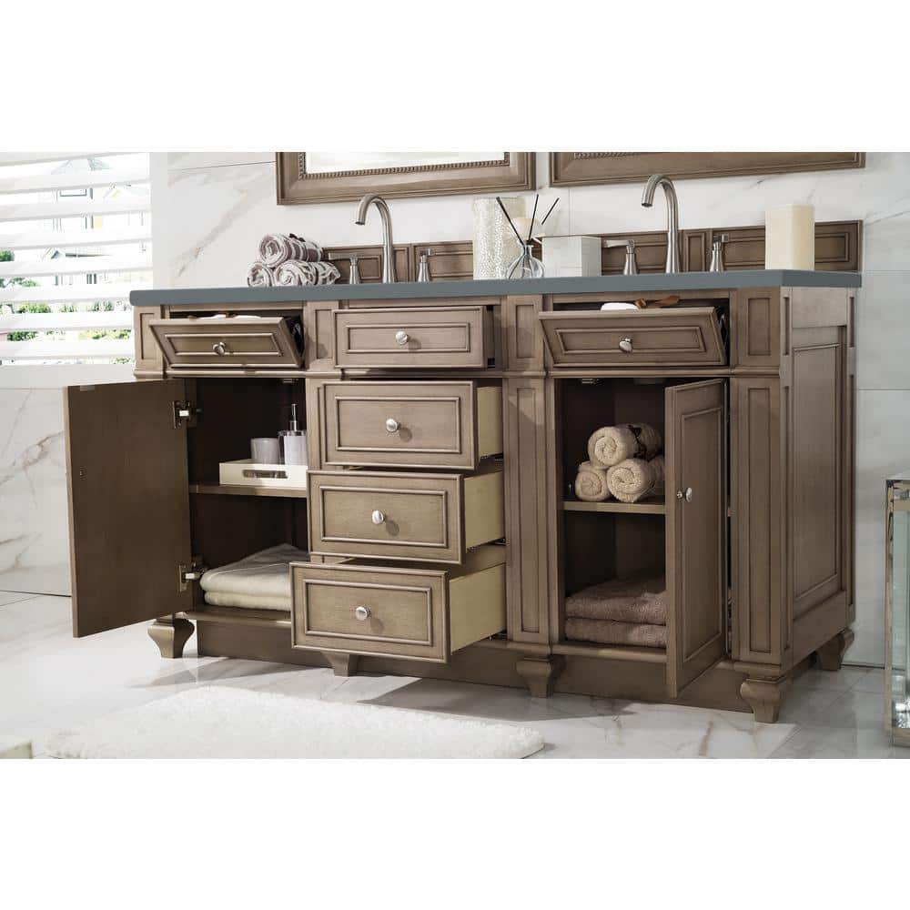 Whitewashed Walnut Double Vanity with Porcelain Sinks