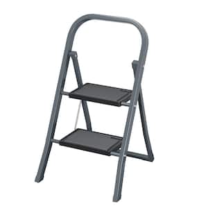 Gray 2 Step Ladder Metal Folding Step Stool with Wide Anti-Slip Pedal, 330lbs