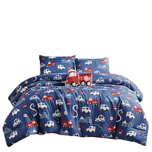 4 Piece Twin Size Bedding Comforter Set, Ultra Soft Polyester Elegant Bedding Comforters--Blue with Colorful Vehicles