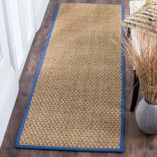 Natural Fiber Natural/Navy 3 ft. x 16 ft. Border Woven Runner Rug