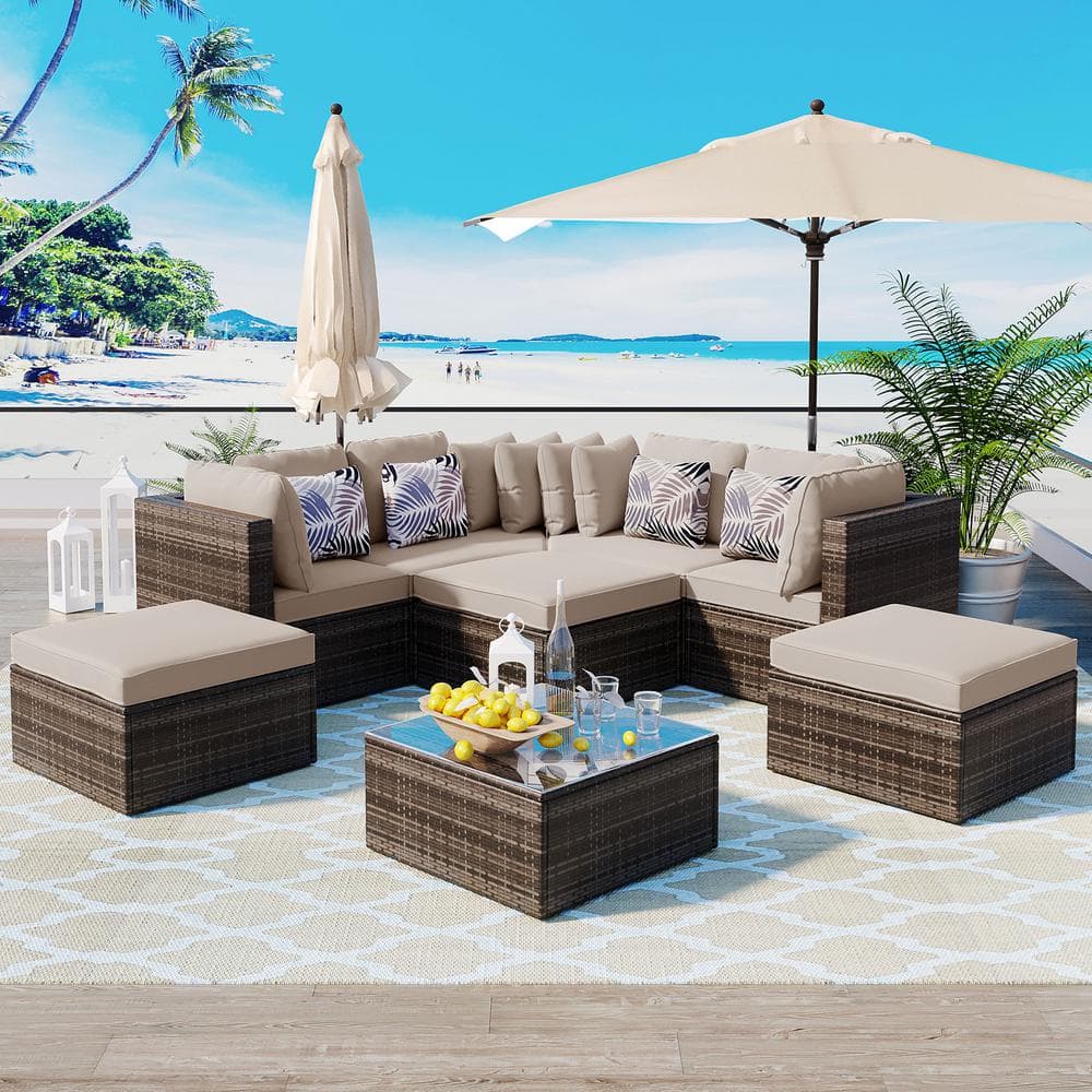 8-Piece Wicker Outdoor Patio Conversation Set with Brown Cushions, Outdoor 