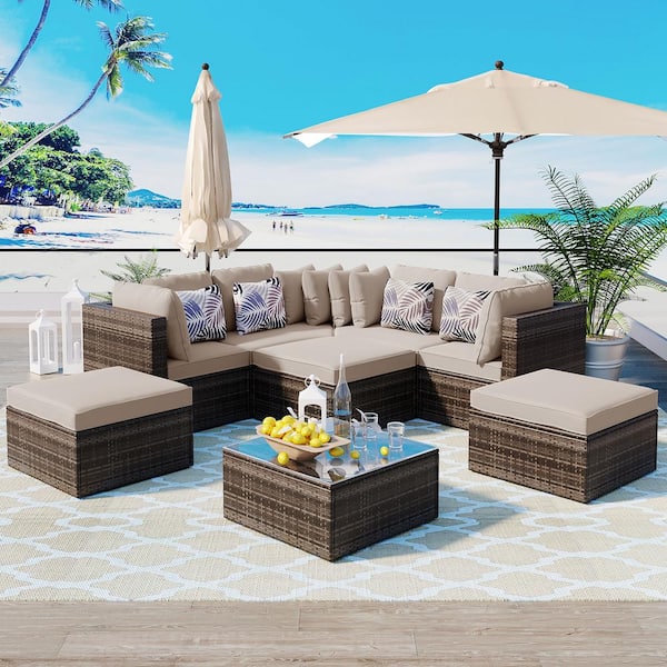 Unbranded 8-Piece Wicker Outdoor Patio Conversation Set with Brown Cushions, Outdoor Patio Furniture Set, Sectional Sofa Set
