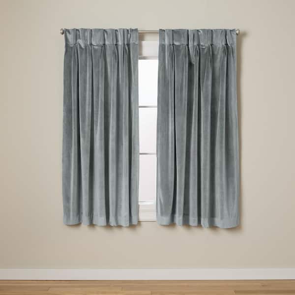 EXCLUSIVE HOME Velvet Soft Grey Polyester 27 in. W x 63 in. L Triple Pinch Pleat Light Filtering Curtain (Double Panel)