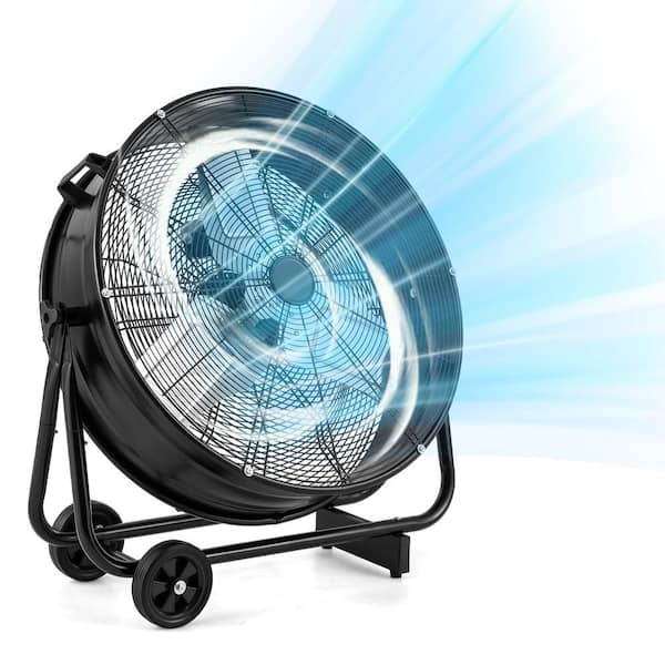 24 Inch Industrial Drum Fan w/ 360 Degree Adjustable Tilt & 2 Wheels for Warehouse Black