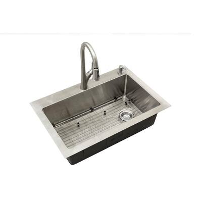 All-in-One Drop-in/Undermount Tight Radius Stainless Steel 33 in. 2-Hole Single Bowl Kitchen Sink with Faucet