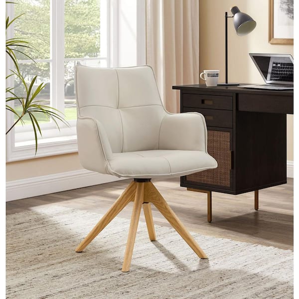 Mid-Century Modern Off White Genuine Leather Swivel Accent Arm Chair with Wood Legs