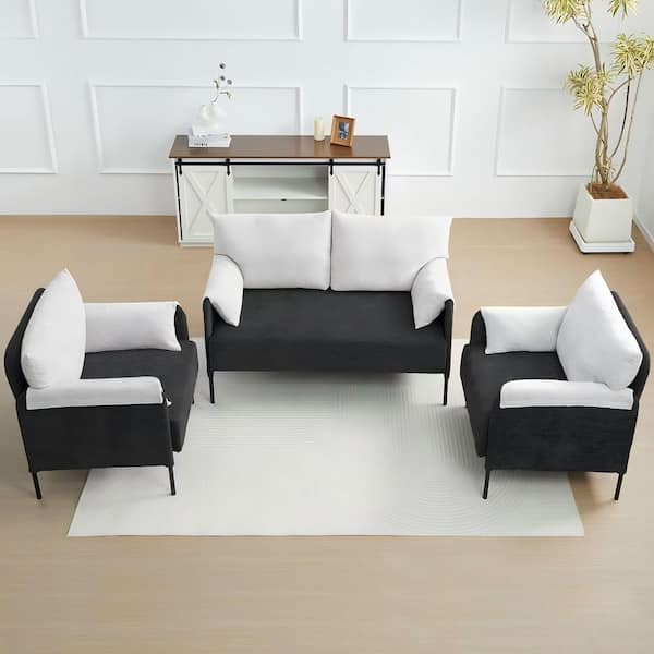 Modern 3-Piece Chenille Color Clash Back Armchair Sofa Set Loveseat and 2 Accent Chairs in Gray and Dark Gray