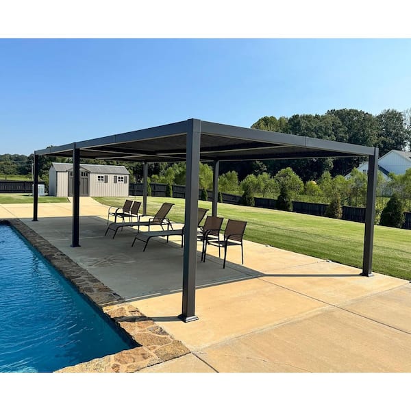13.1 ft. x 29.9 ft. Gray Aluminum Outdoor Louvered Pergola with 4-Individual Adjustable Roofs and In-Built Gutter System