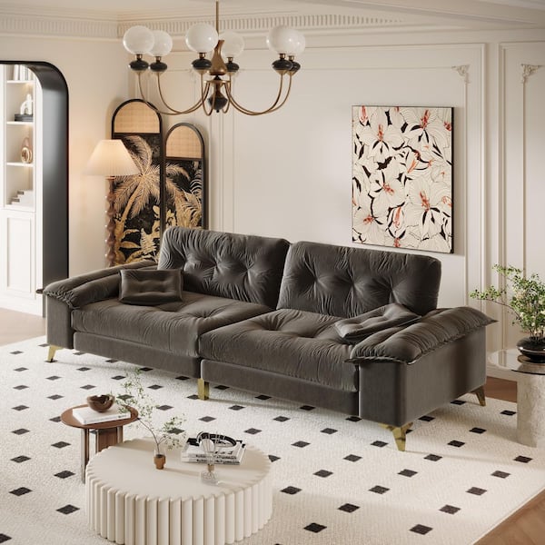 Gwynne Modern 104.7 in. Pillow Top Arm Chenille Rectangle Sofa in Dark Grey with Removable Armrests, 2 Pillows