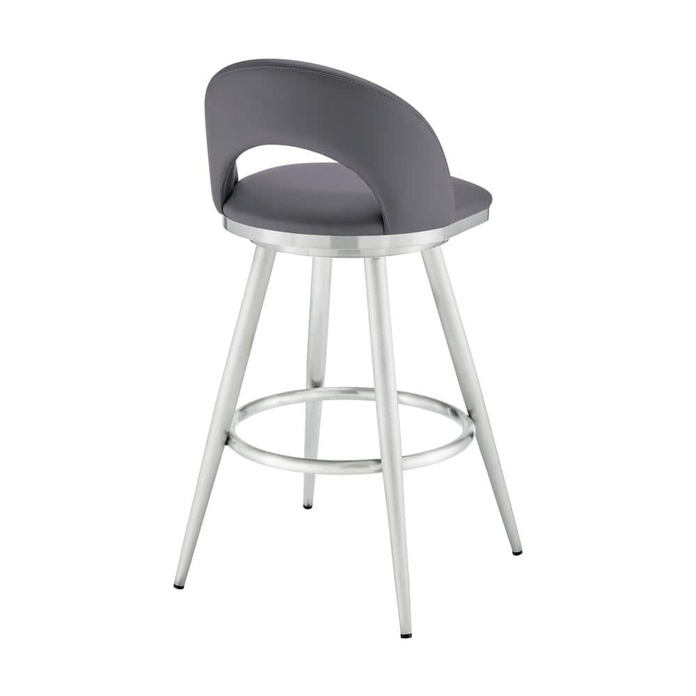 Gray Faux Leather Swivel Bar Stool with Brushed Stainless Steel Frame