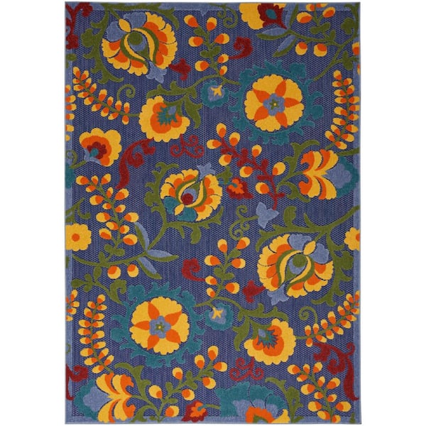 Nourison Aloha Navy Multicolor 5 ft. x 8 ft. Floral Contemporary Indoor/Outdoor Area Rug