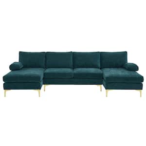 110 in. Padded Arm 3 Piece Chenille U-shaped Sectional Sofa in. Green
