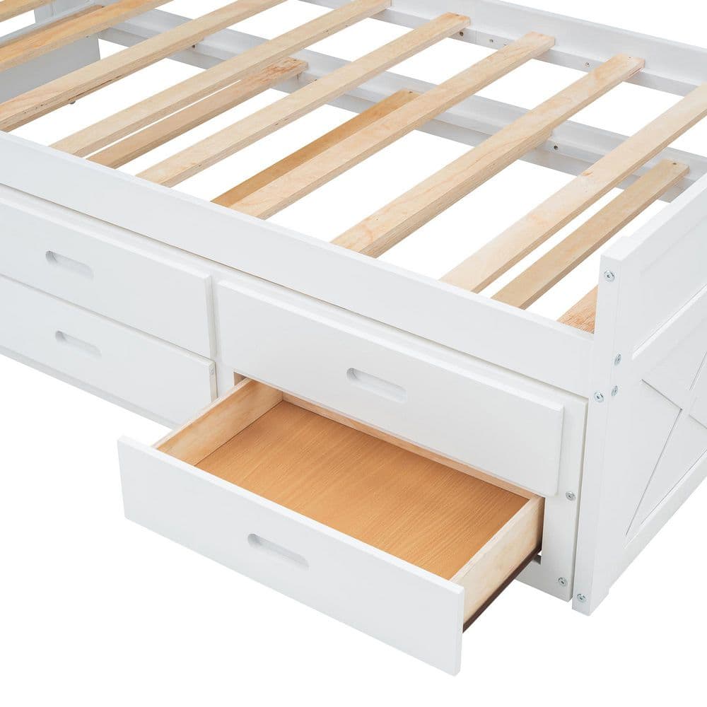 White Wood Frame Full Size Platform Bed with Storage Headboard, Outlets, Twin Size Trundle and 3 Storage Drawers - thumbnail 2